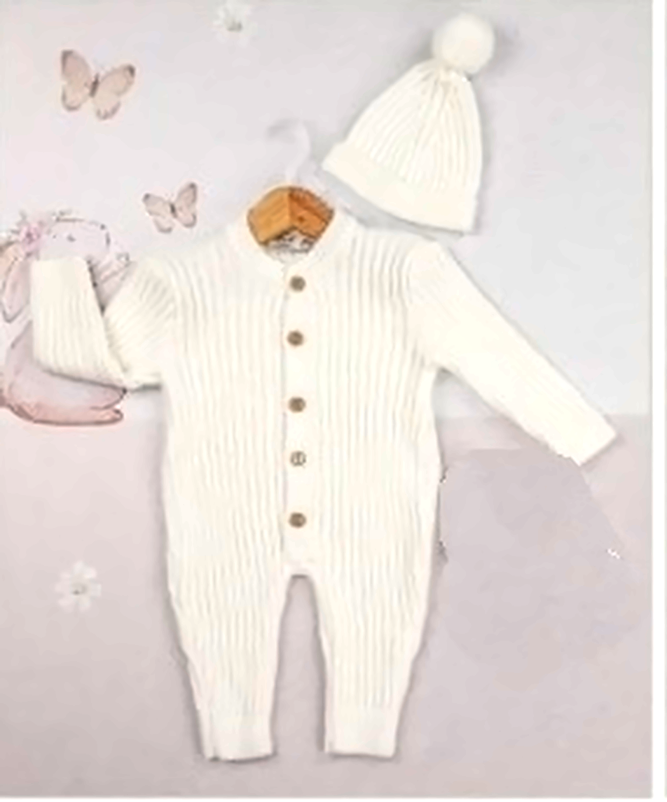 Knitted ribbed set made of natural wool - jumpsuit + cap