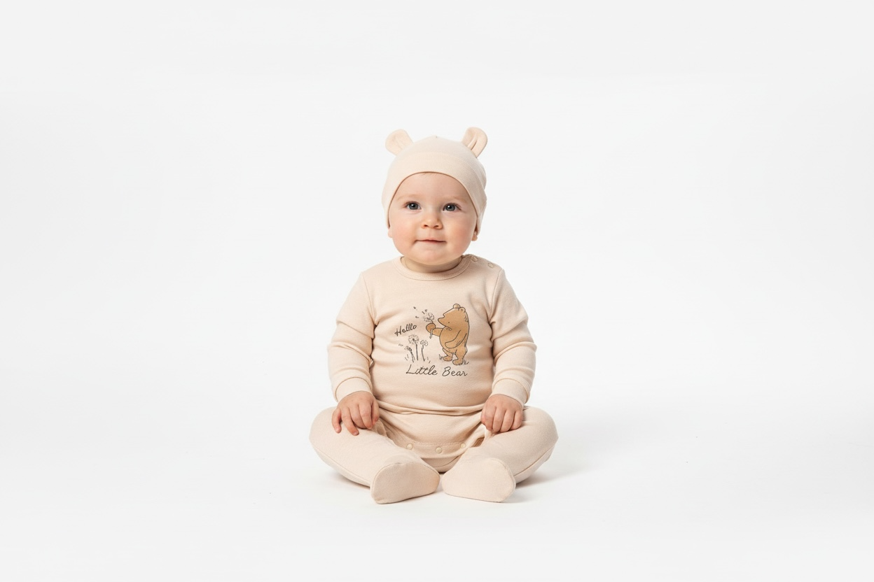 Doppelset „Kleiner Bär“ – 2 Overalls + 2 Mützen (100 % Baumwolle, 0–6 Monate)