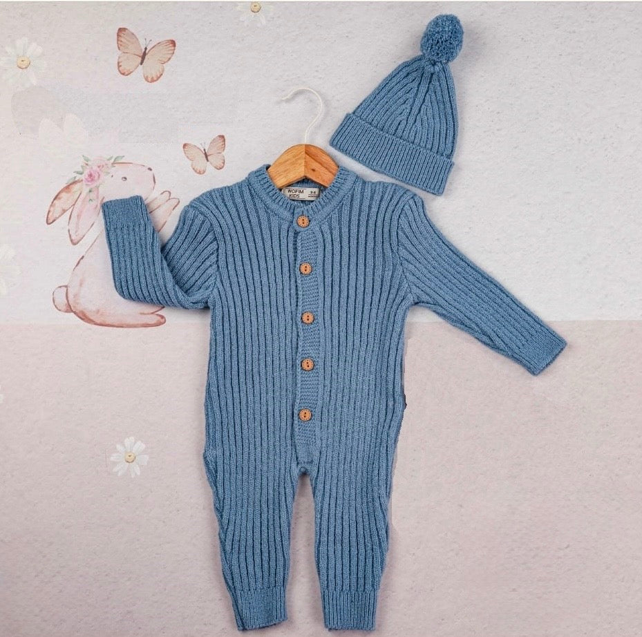 Knitted ribbed set made of natural wool - jumpsuit + cap