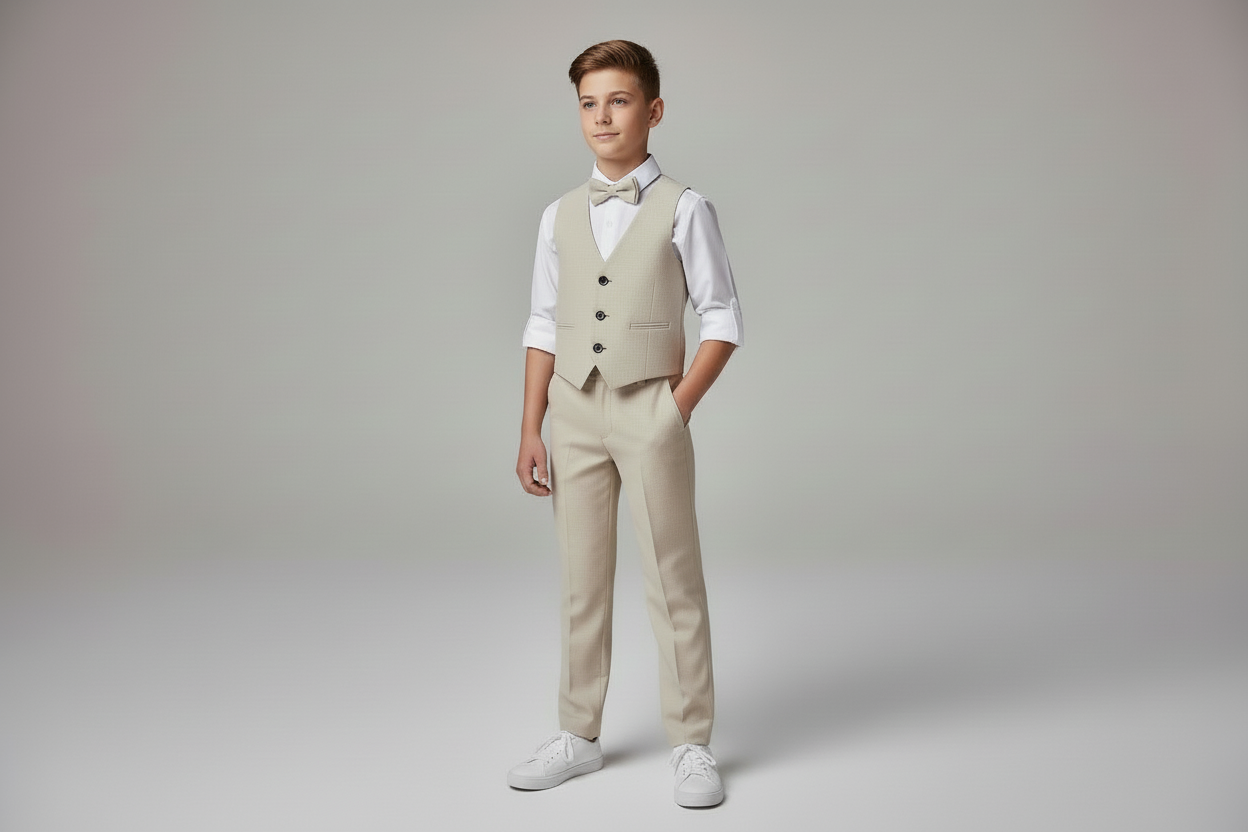 Festlicher Kinderanzug „Beige“ – Weste, Hemd, Hose und Fliege (110–152)