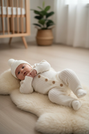 Gestricktes Rippstrick-Set aus Naturwolle – Jumpsuit + Mütze