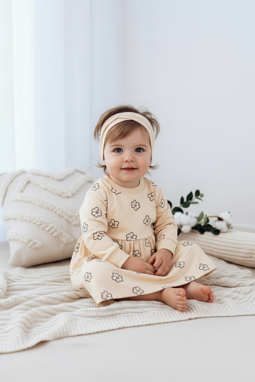 VAUVA Babykleid aus Bio-Baumwolle mit Schleife – Kirsch- und Blumenmotiv