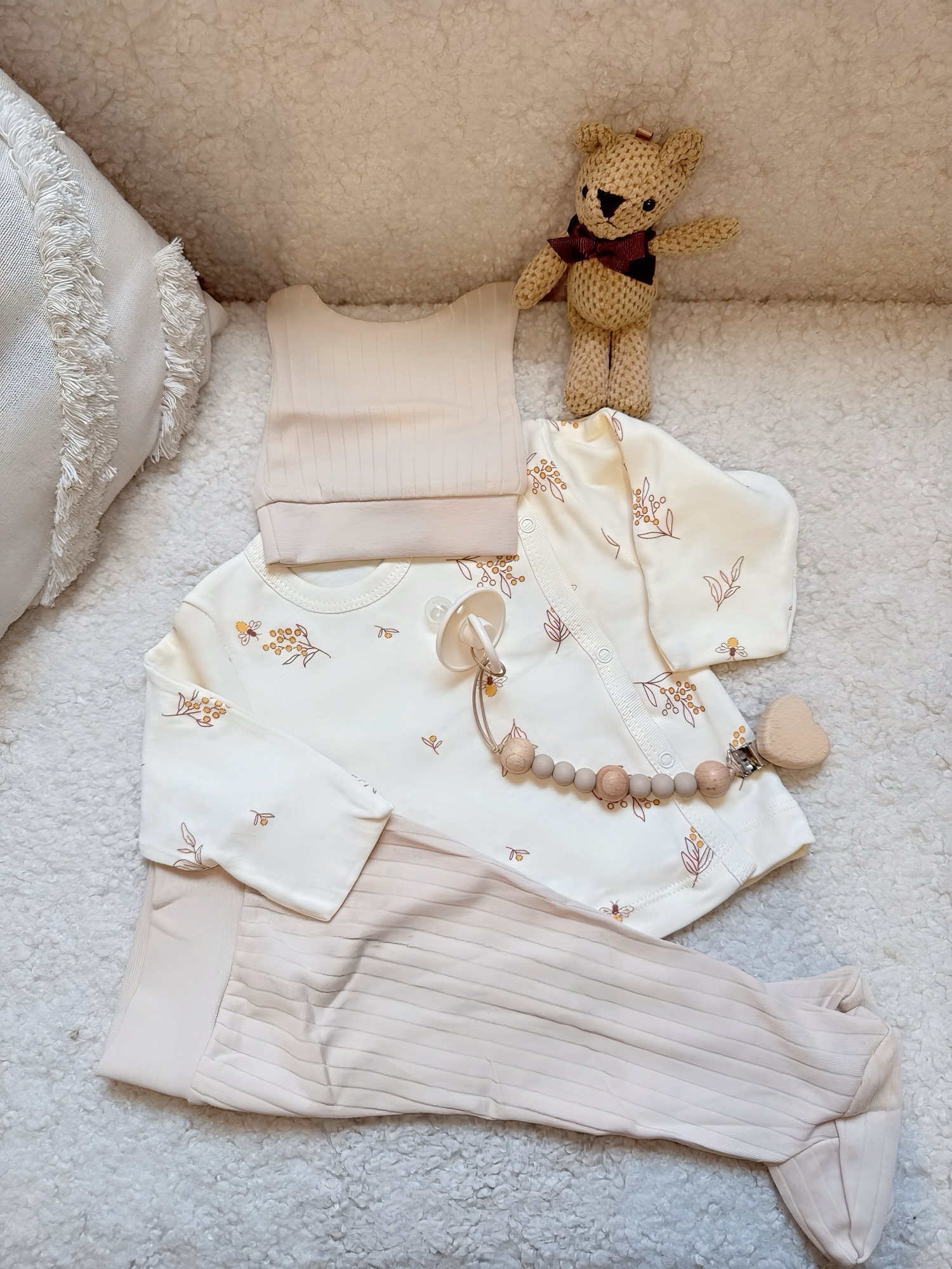 Baby-Geschenkset – Neutrales Set „Creme & Beige“ (100 % Baumwolle) | Größe 56–62