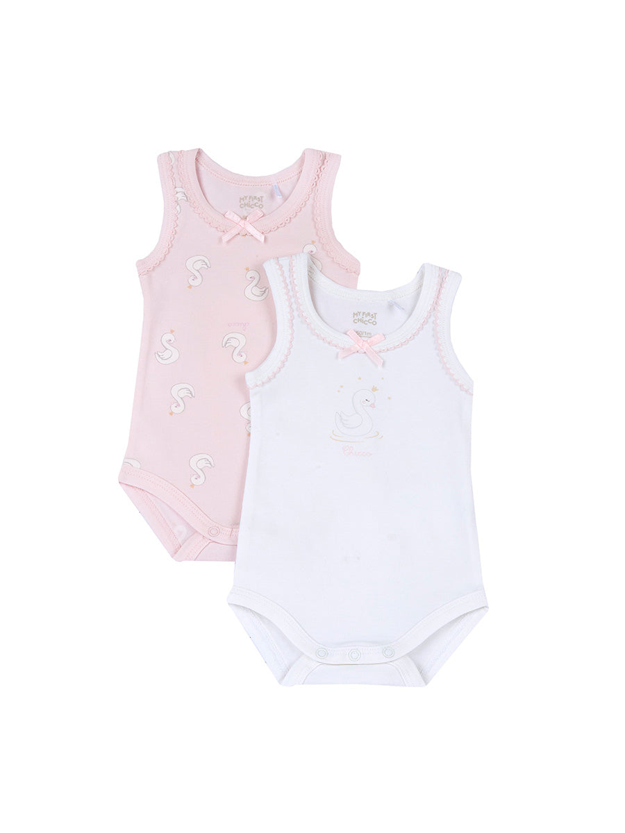 My First Chicco — Ärmelloser Body, 2 Stück mit Schwänen | Rosa + Weiß