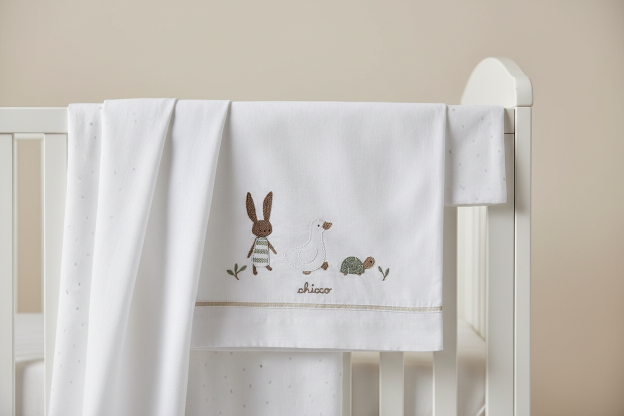Chicco Bettlaken + Kissenbezug (Hase, Schildkröte und Ente)