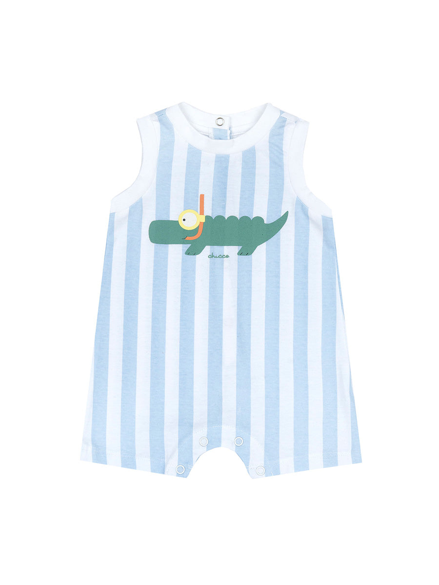 Chicco — Ärmelloser Strampler mit Taucher-Krokodil-Motiv | Weiß-blaue Streifen