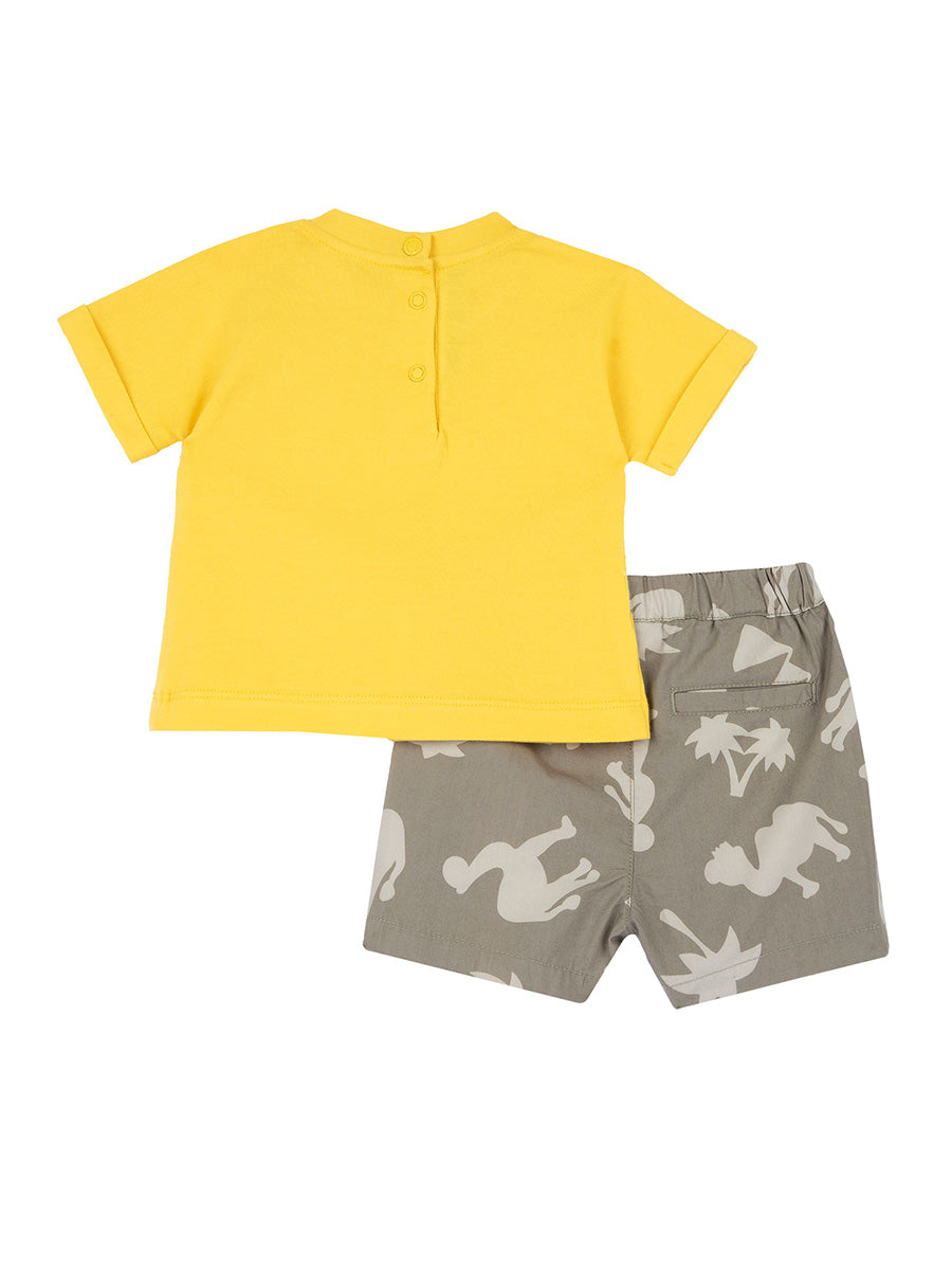 Chicco — Set 2: T-Shirt + kurze Hosen mit tropischen Motiven | Gelb + Grau