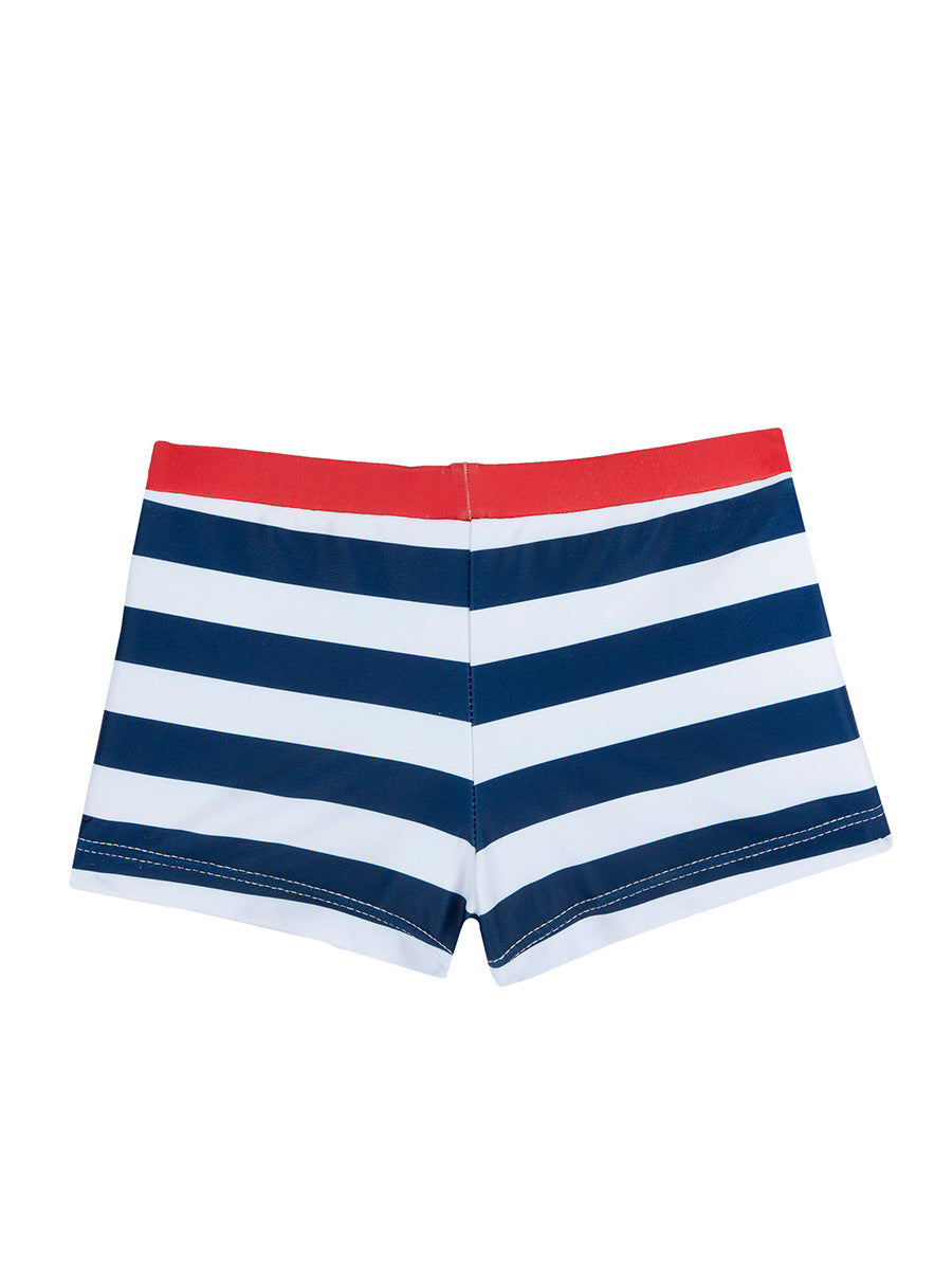 Chicco — Badeshorts mit Hund und Ball | Marineblau + weiß gestreift