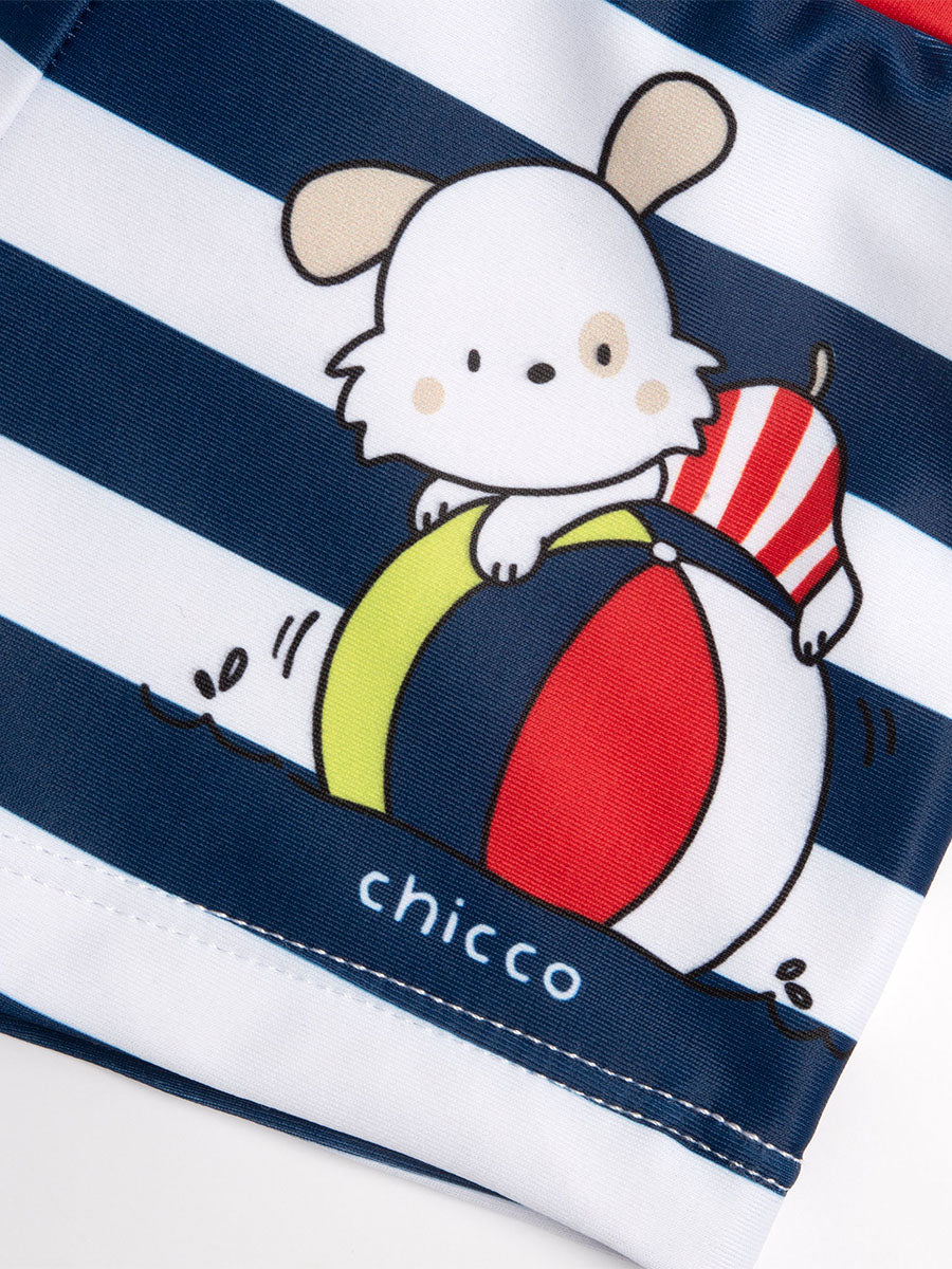 Chicco — Badeshorts mit Hund und Ball | Marineblau + weiß gestreift