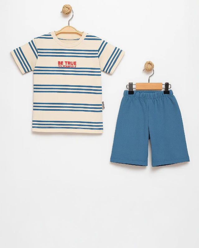 Children's set with striped T-shirt and blue shorts - 100% cotton (2-5 years)