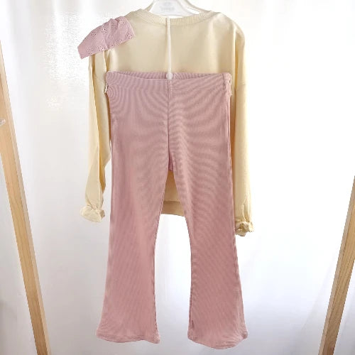 Children's tracksuit set with bow - beige top and pink pants (104-122)