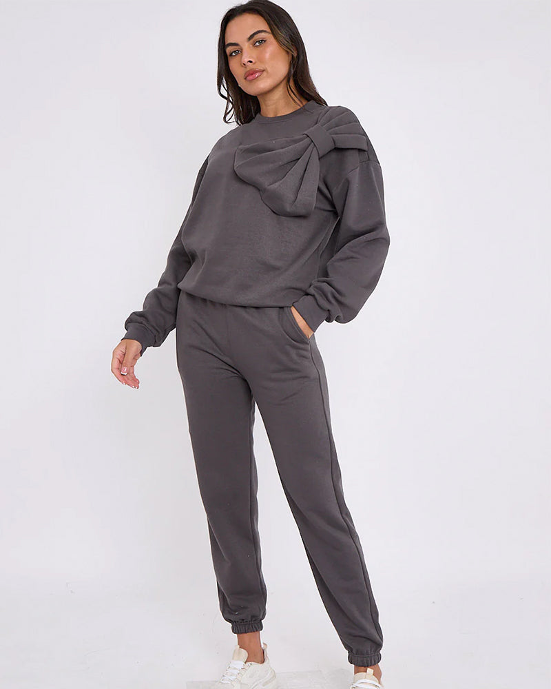 Fleece set with a bow: Hoodie and sweatshirt