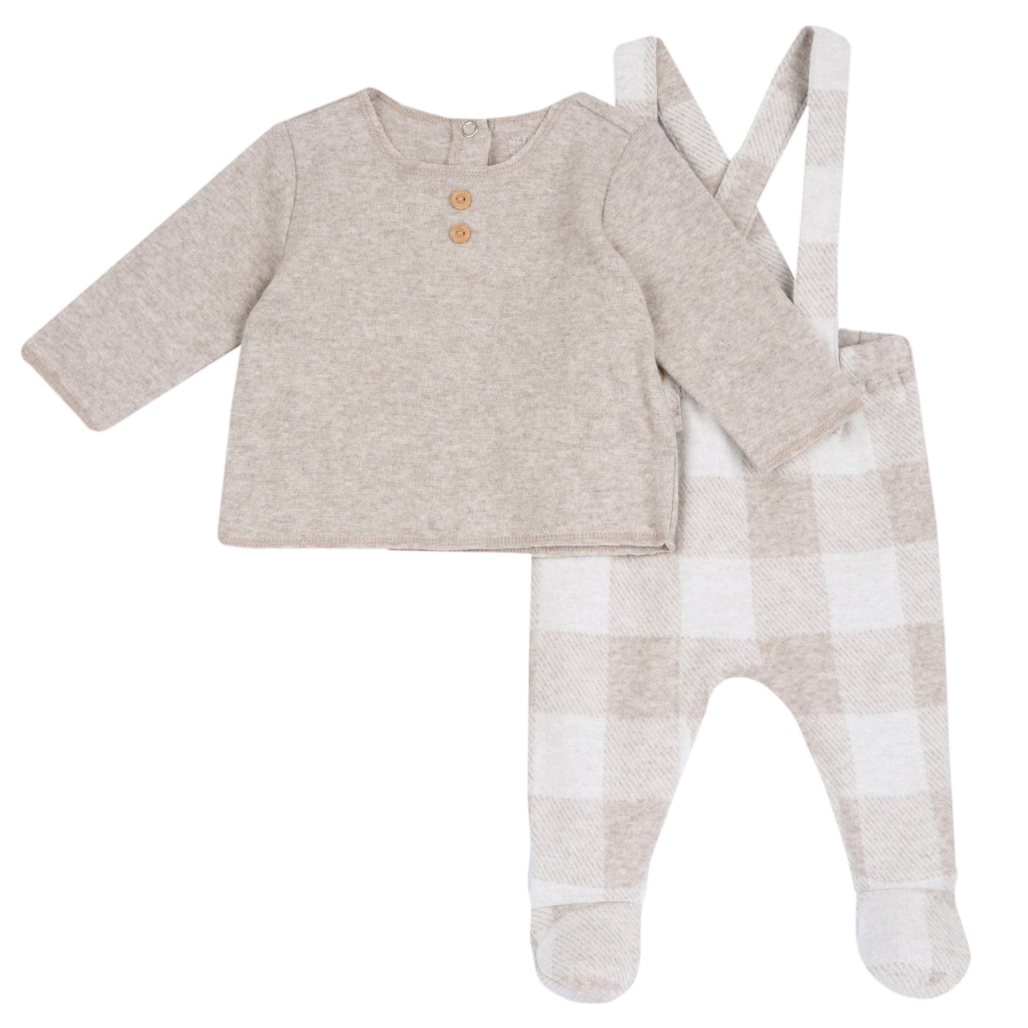 Chicco Baby komplet – bež majica i karirane hlačice s naramenicama