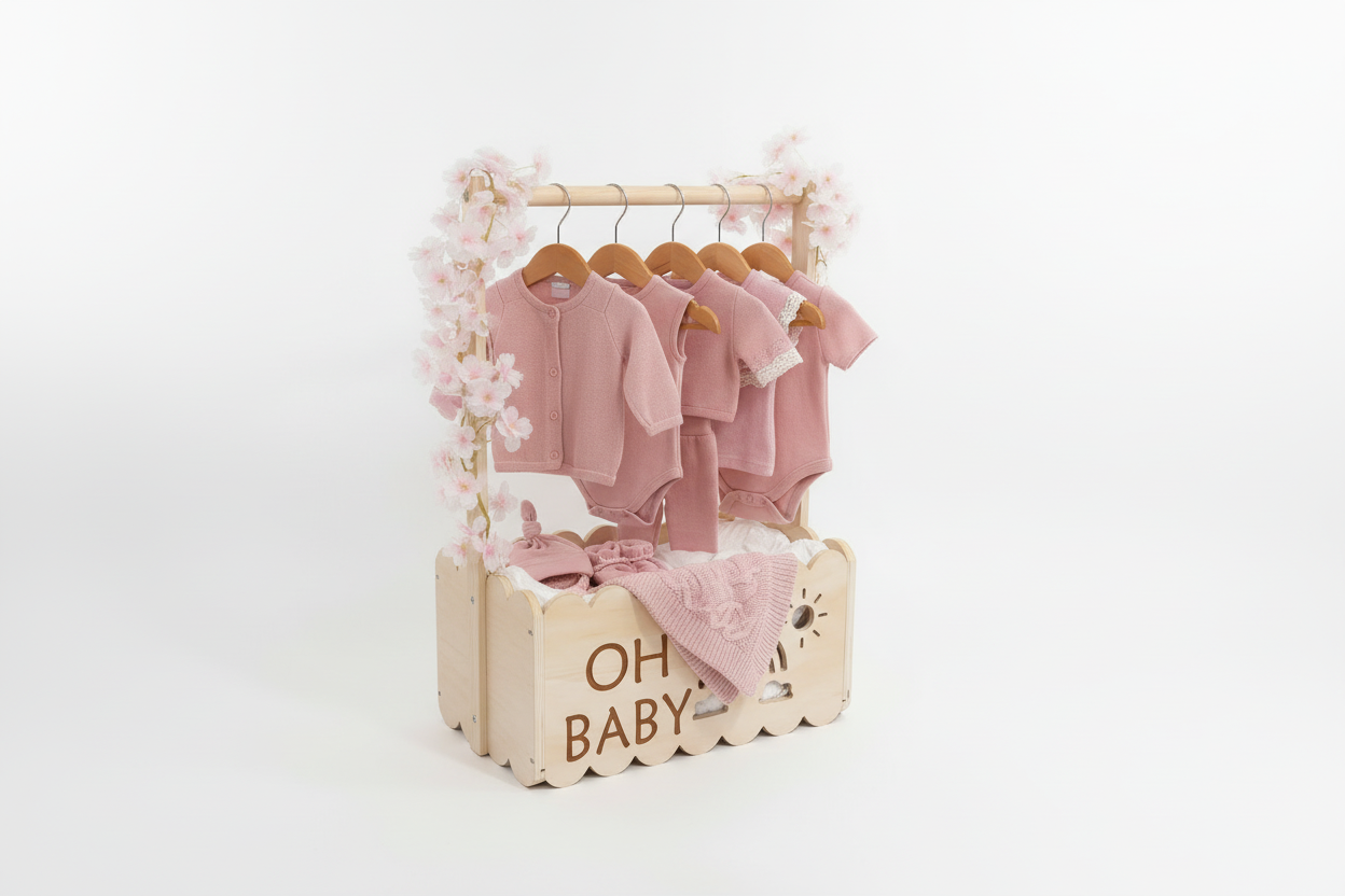 Premium Baby Shower Geschenkset (10-teilig) in einer „OH BABY“ Holzbox