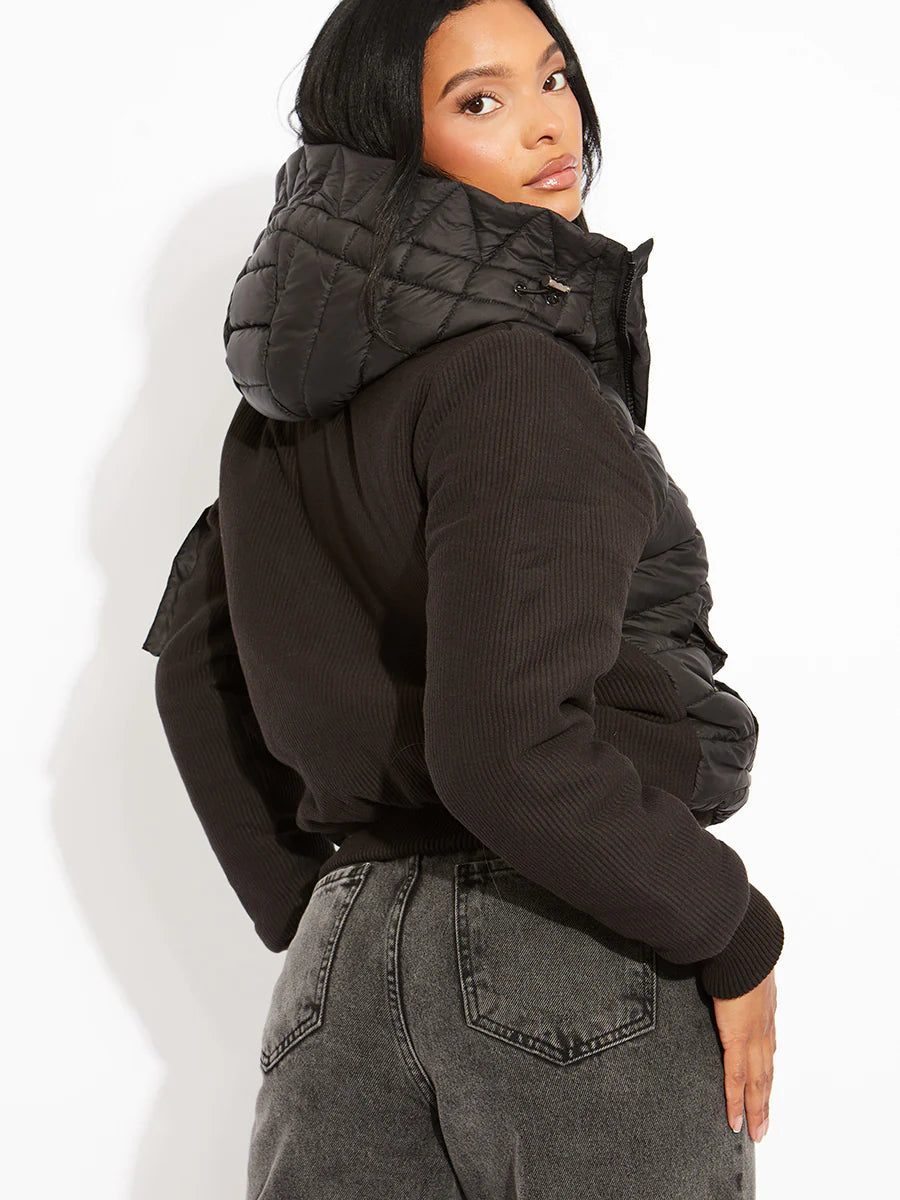 Bomber puffer jacket with ribbed sleeves