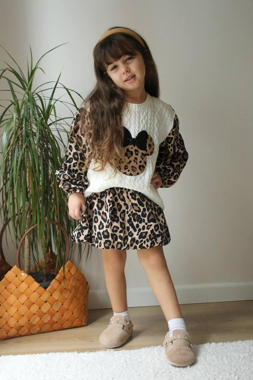 Kinderset - Leopardenkleid und Strickweste