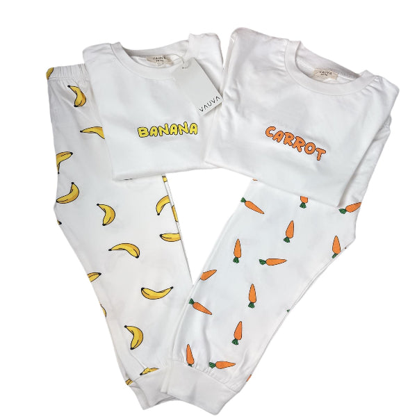 Set of 2 unisex pajamas "Banana & Carrot" - 100% organic cotton - sizes 86-116