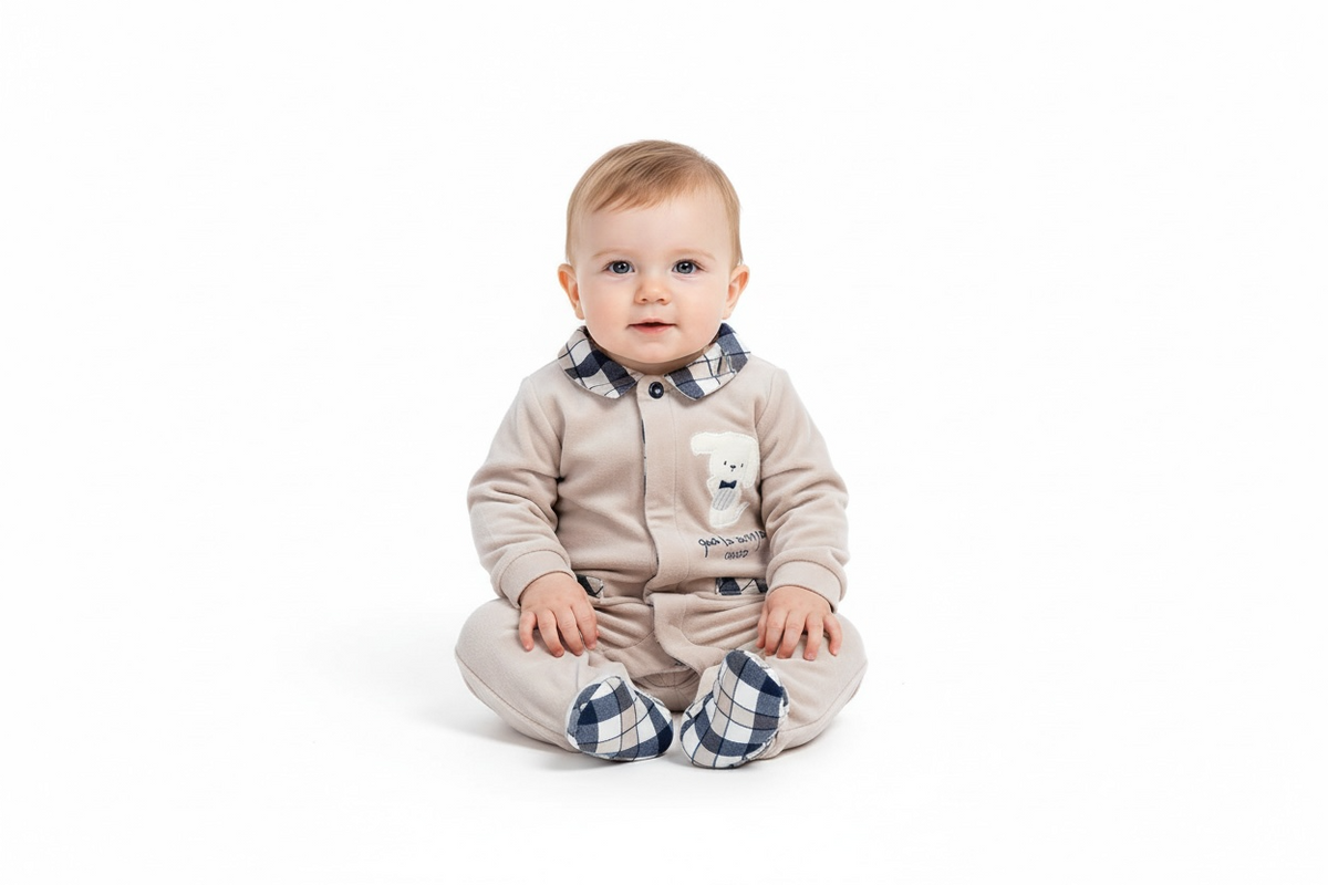 Chicco baby jumpsuit with feet - beige, plaid collar