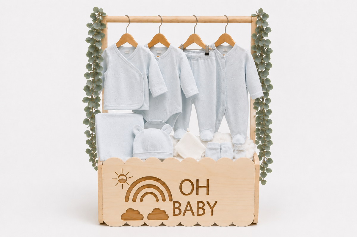 Premium Baby Shower Gift Set (10 pcs) in a Wooden "OH BABY" Box