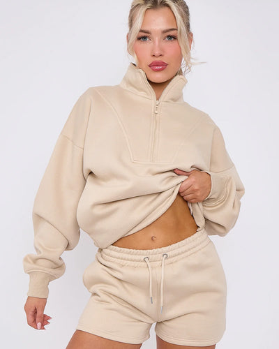 Fleece-Set: Sweatshirt mit 1/2-Reißverschluss und Shorts 