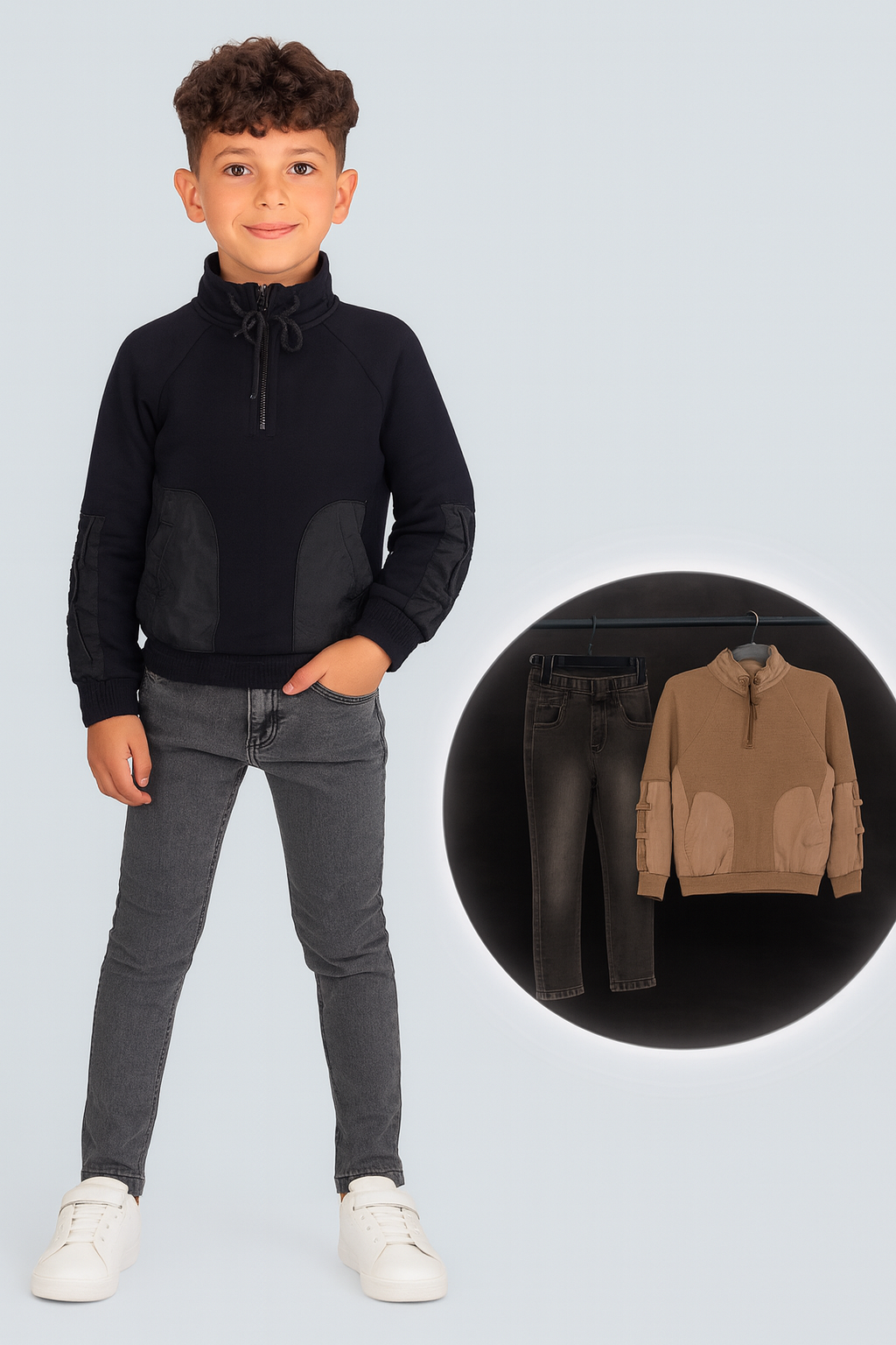 Kinderset - Reißverschlusspullover und schwarze Jeanshose (Größen 92-134)