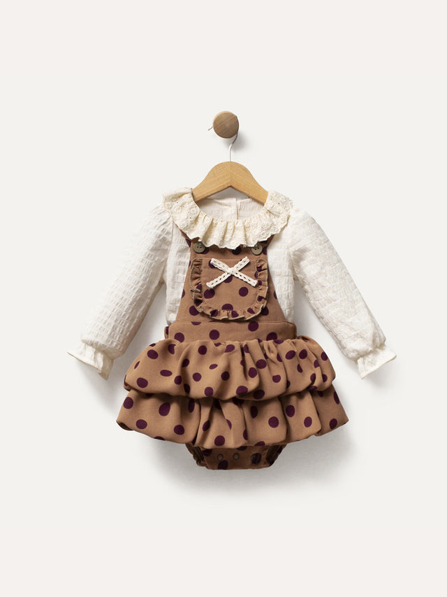 Cumino Komplet - Bijela Pamučna Majica & Polka Dot Overalls