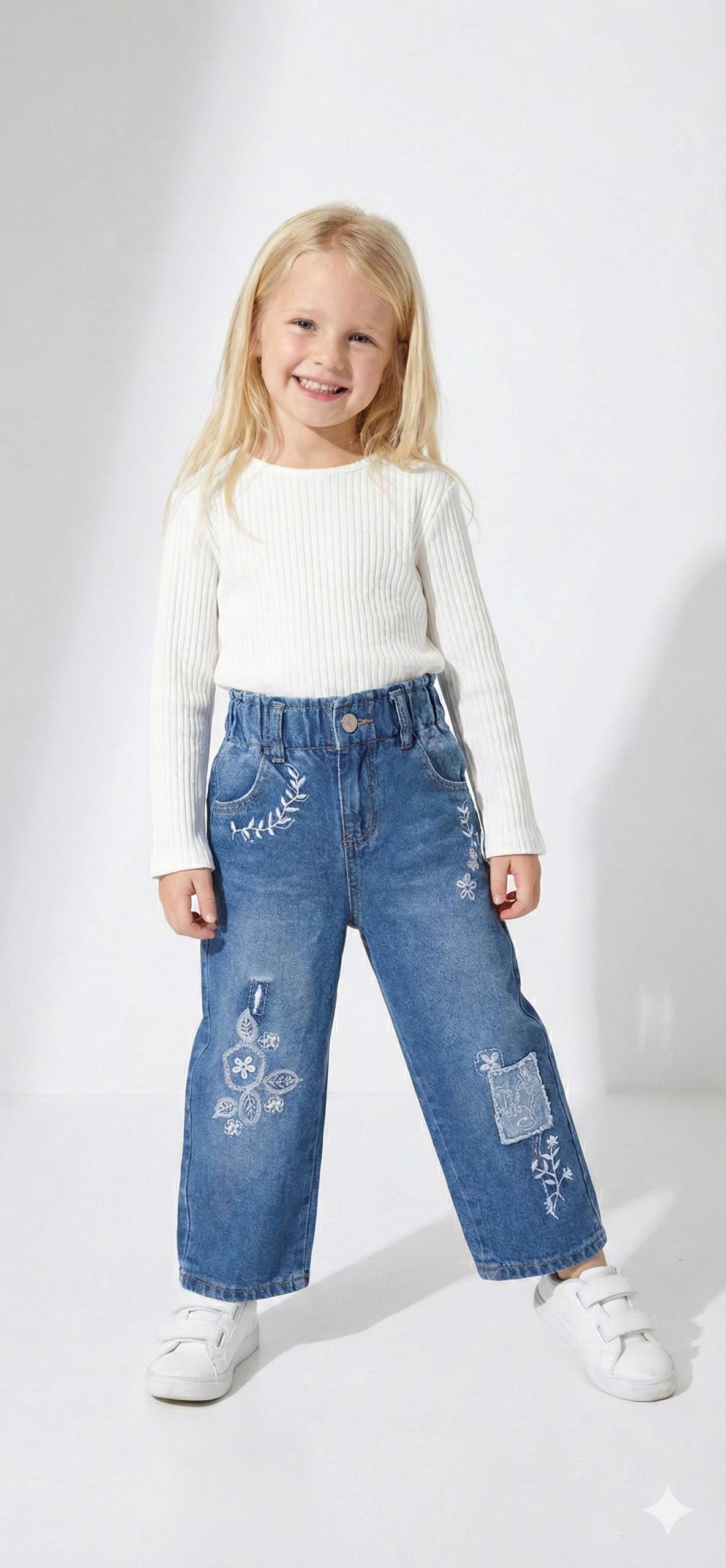 La'ciel Paris children's jeans with embroidery - blue denim, elastic waist