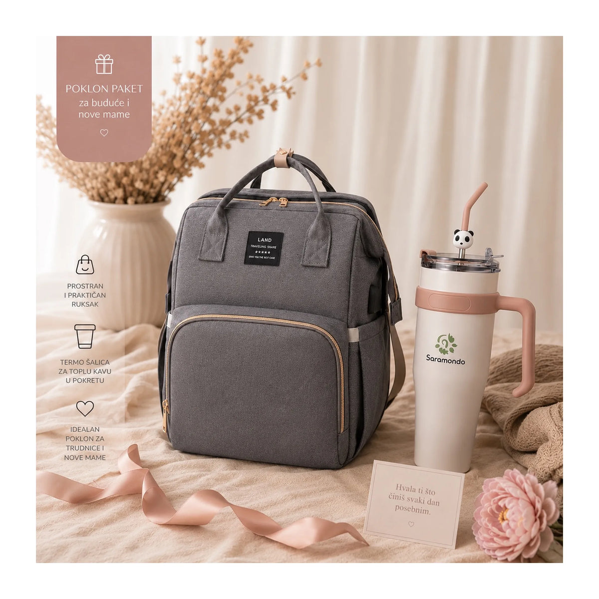 Mommy Essentials poklon set s ruksakom i termo šalicom