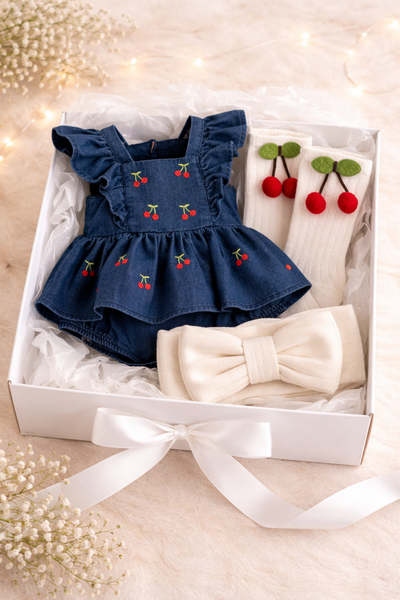 Premium Baby-Geschenkset – Kleidchen mit Kirsch-Details