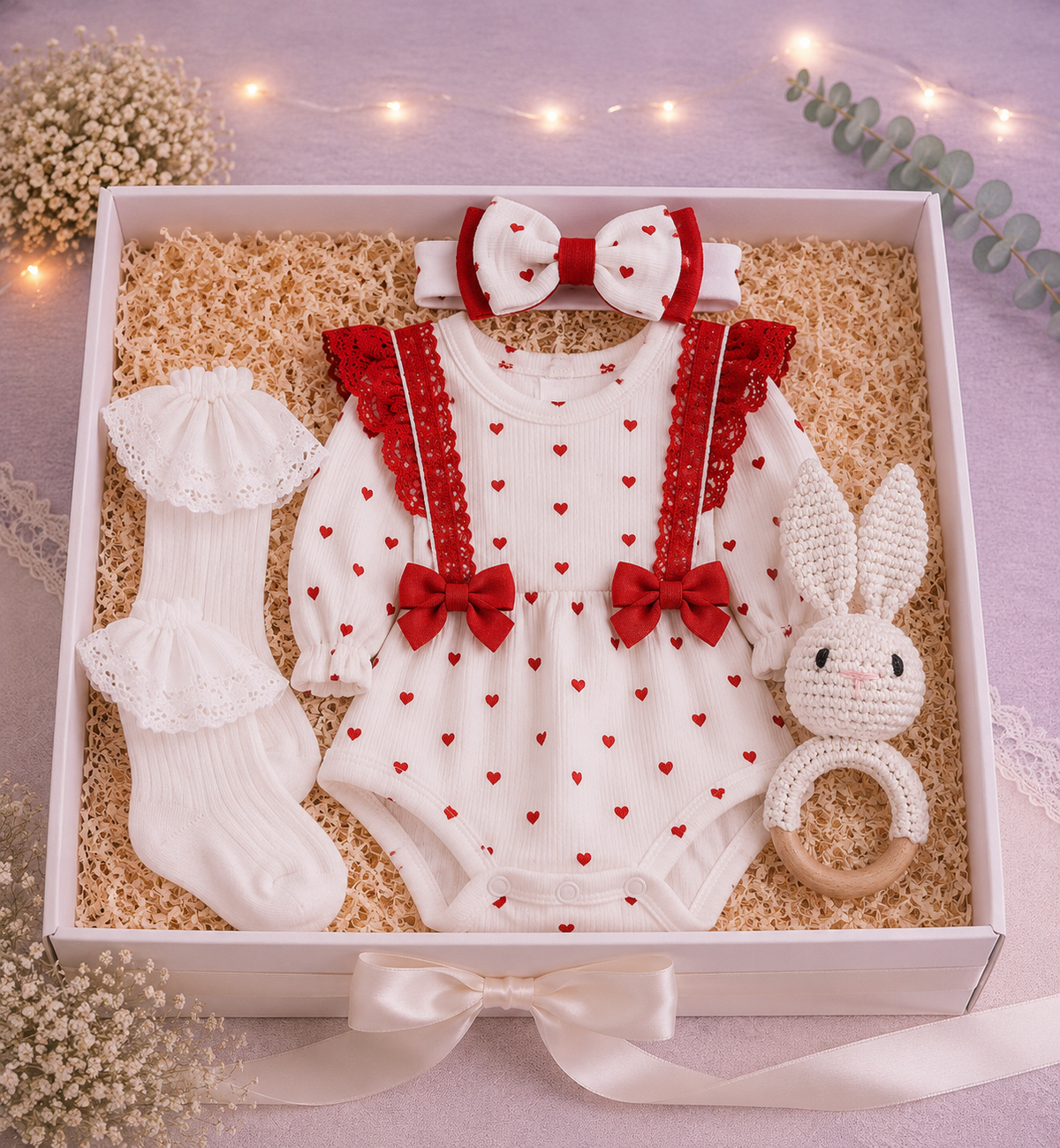 Poklon paket za bebe Little Heart s bodijem, trakom, čarapama i zvečkom
