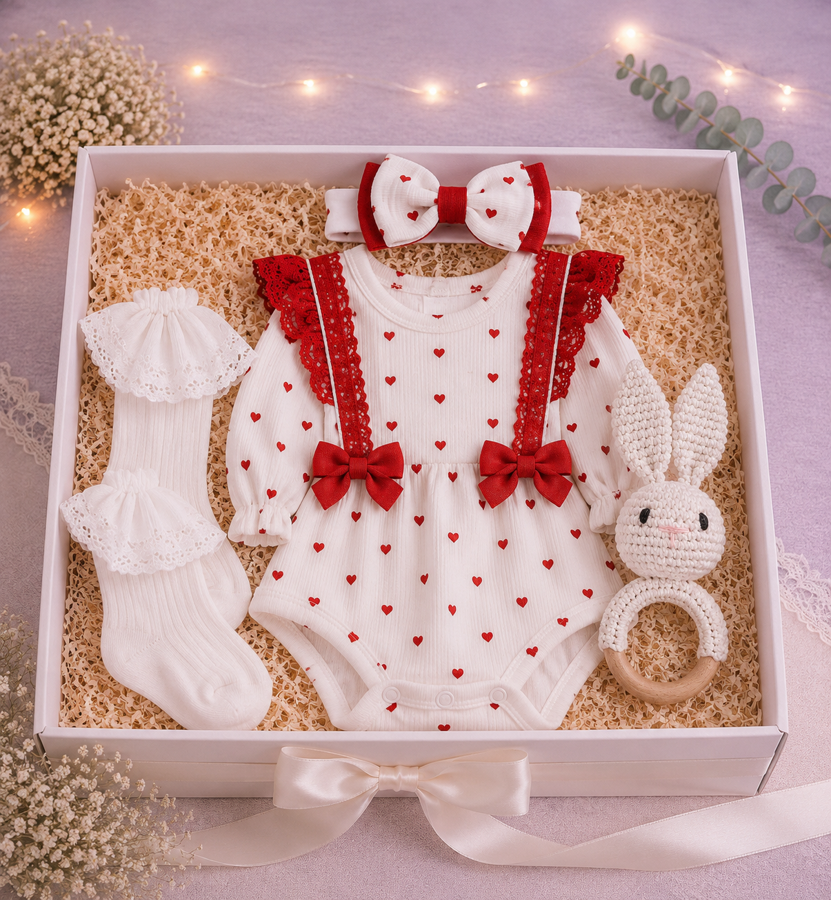 Poklon paket za bebe „Little Heart“ – Bodi, traka, čarape i zvečkica