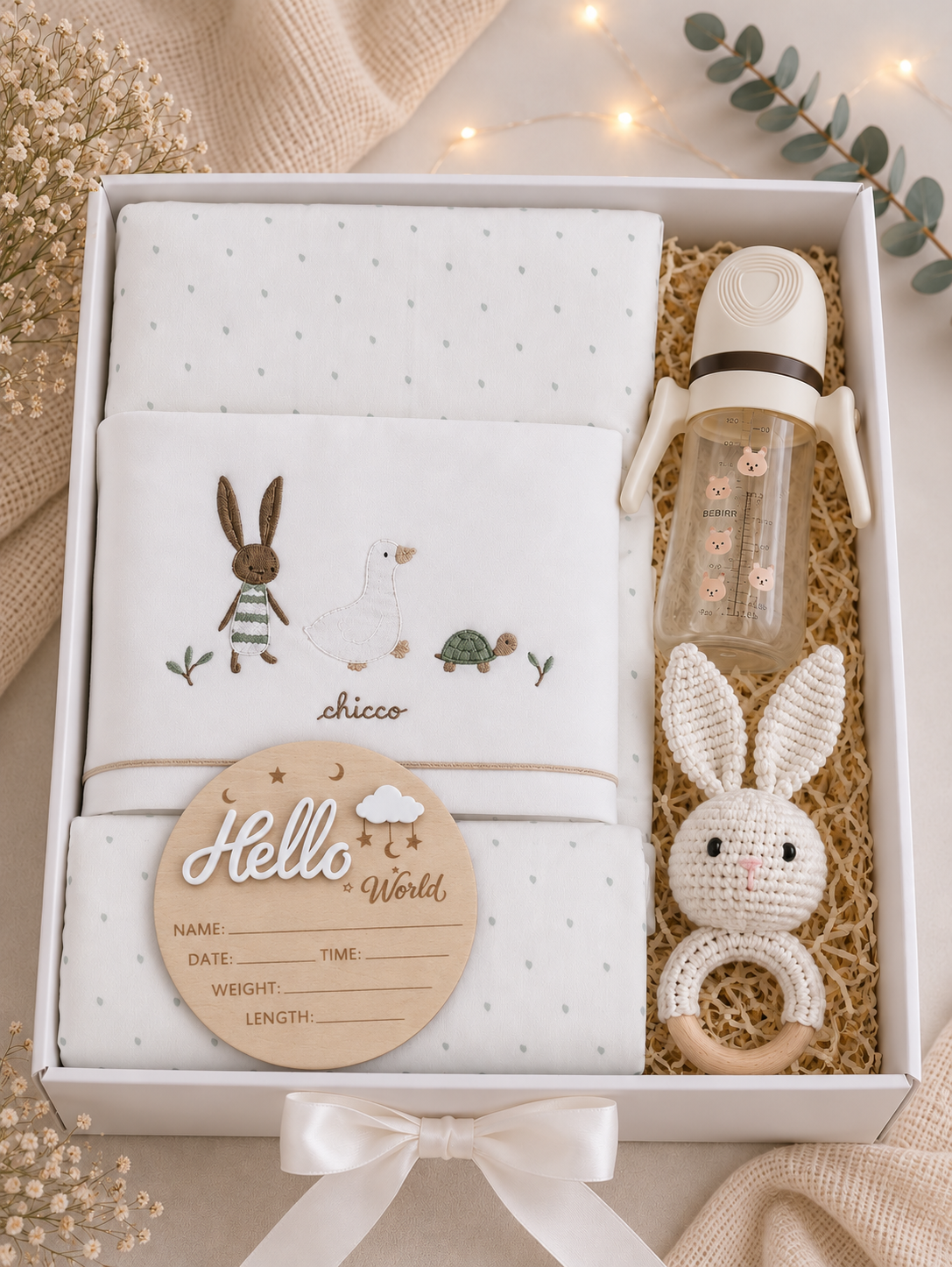 Baby-Geschenkset – Bettwäsche, Fläschchen und Rassel