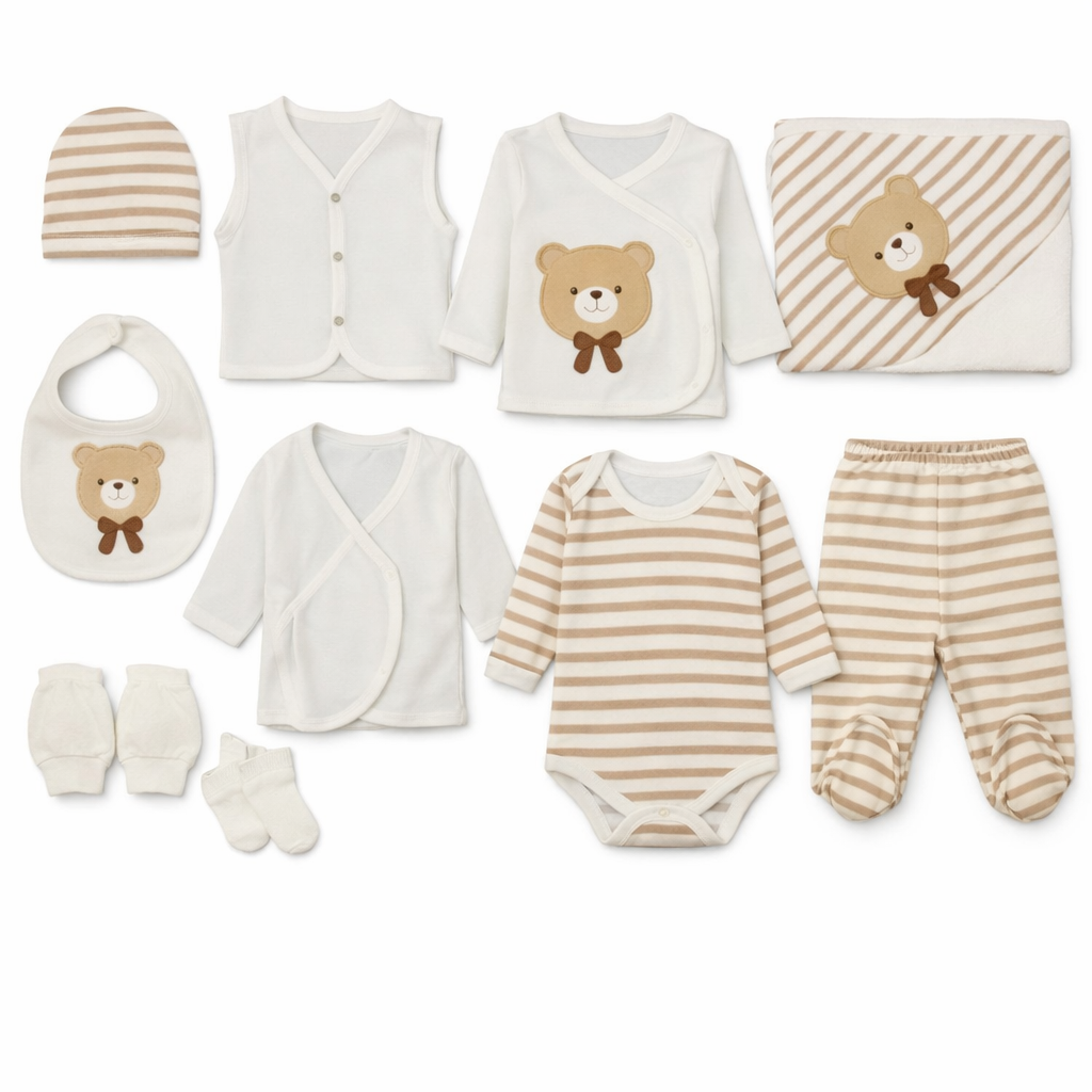 Newborn Set 56 – 10-dijelni komplet “Teddy Stripes” | 100% pamuk