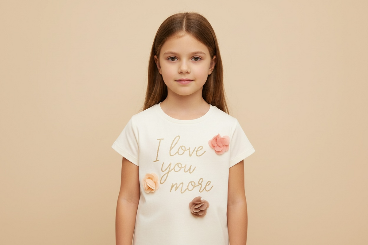 "Love You More" T-shirt with 3D flowers – 100% cotton