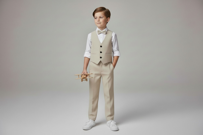 Festlicher Kinderanzug „Beige“ – Weste, Hemd, Hose und Fliege (110–152)