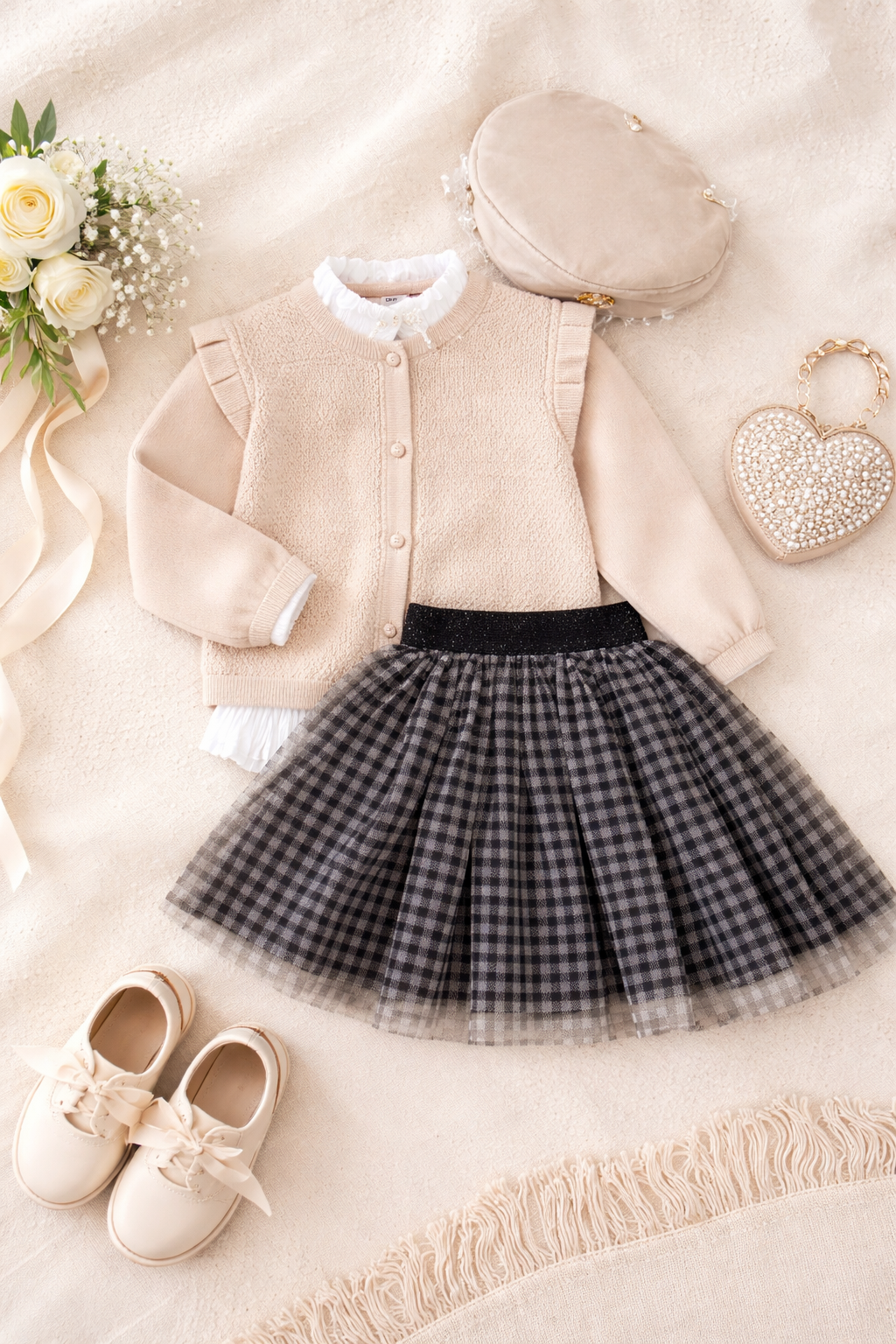Elegantni dječji komplet od 4 dijela s kardiganom, majicom, suknjom i kapom