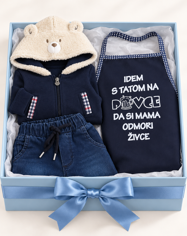 Poklon paket Mali Medvjedić – Chicco kardigan, pamučne hlače i pregača