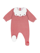 Chicco kombinezon za bebu sa stopalicama – crveno-bijele pruge, ovratnik s trešnjama