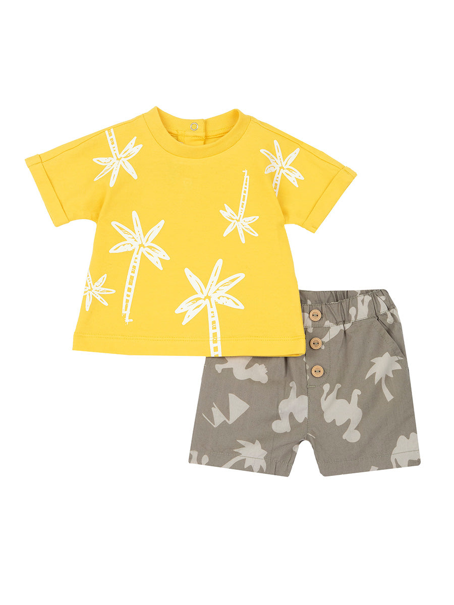 Chicco — Set 2: T-Shirt + kurze Hosen mit tropischen Motiven | Gelb + Grau
