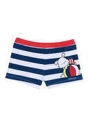Chicco — Badeshorts mit Hund und Ball | Marineblau + weiß gestreift