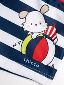 Chicco — Badeshorts mit Hund und Ball | Marineblau + weiß gestreift