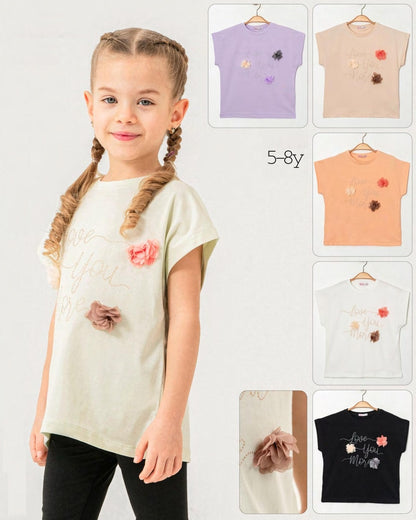 „Love You More“ T-Shirt mit 3D-Blumen – 100 % Baumwolle