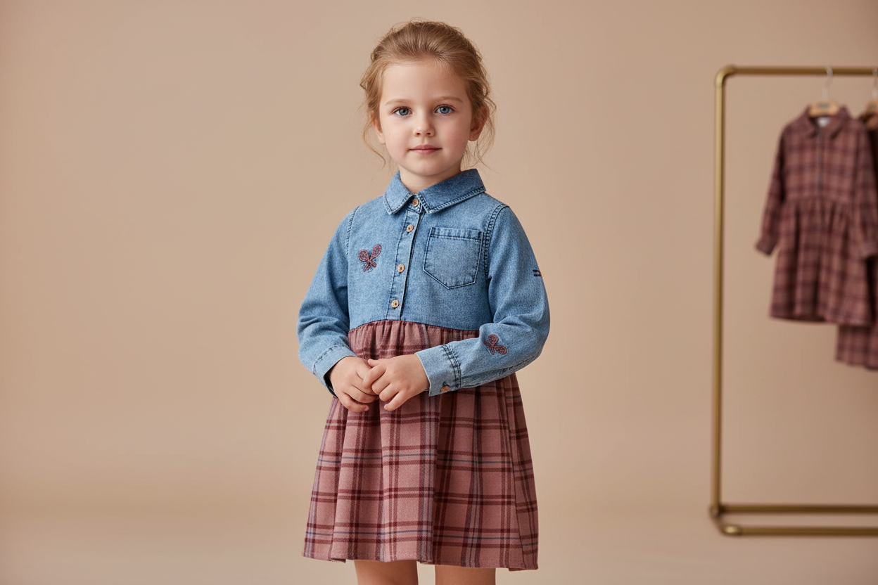 Kinderkleid mit Jeansoberteil und kariertem Rock
