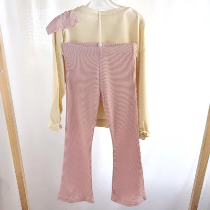 Children's tracksuit set with bow - beige top and pink pants (104-122)