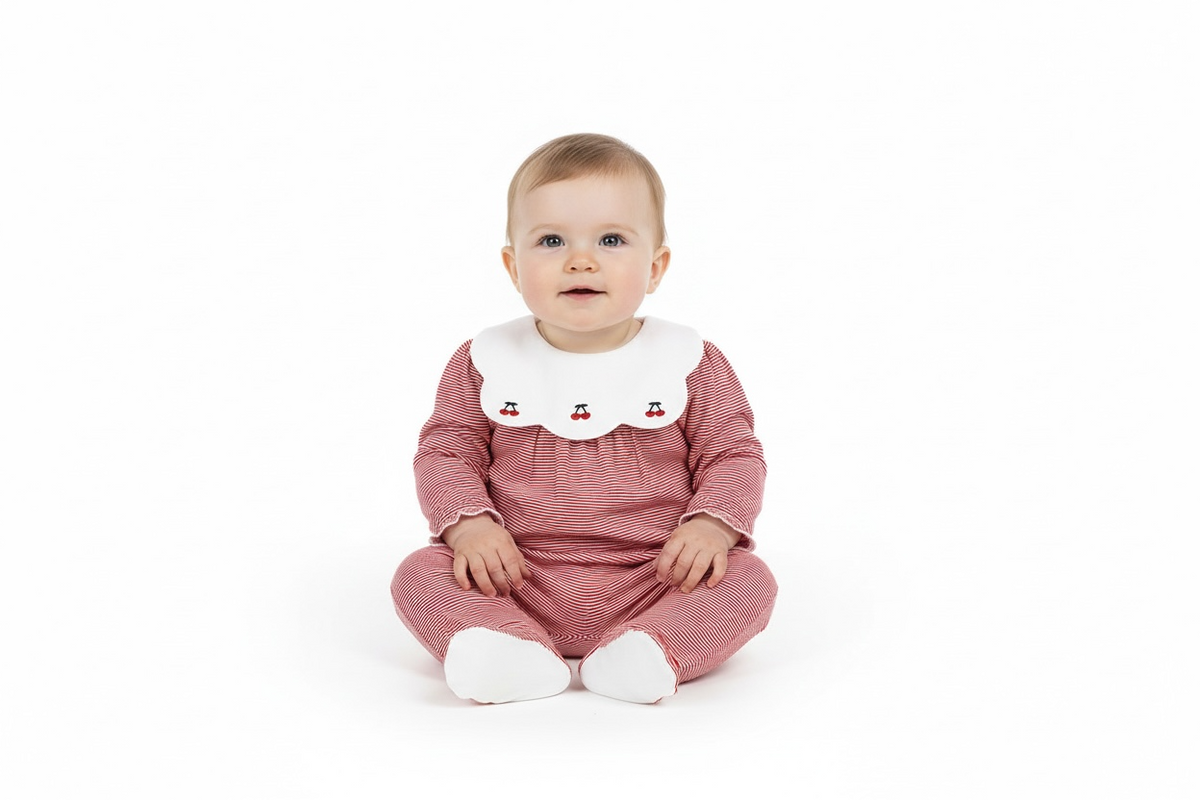 Chicco baby jumpsuit with feet - red and white stripes, collar with cherries
