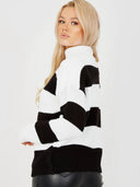 Striped knitted sweater with high collar 