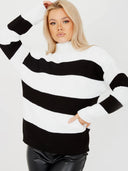 Striped knitted sweater with high collar 