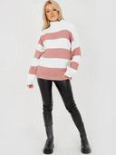 Striped knitted sweater with high collar 