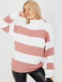 Striped knitted sweater with high collar 