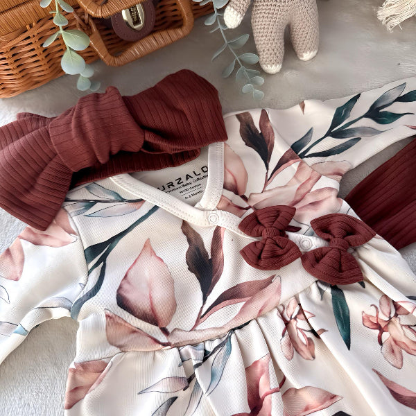 Baby set with ribbon – Dark red and beige combination